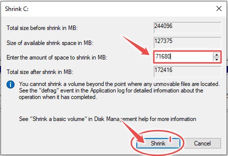 Space Amount to Shrink | Disk Management on Windows