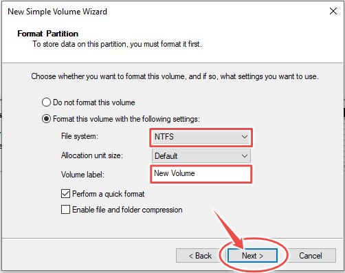 Specifying File System and Volume Label, New Simple Volume | Disk Management on Windows