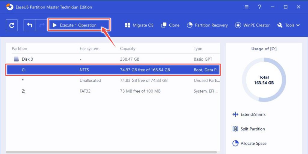 Execute Extend Disk Size Operation on EaseUS | Disk Management on Windows