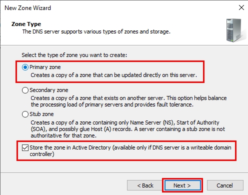 Selecting Active Directory Integrated DNS Zone Option 