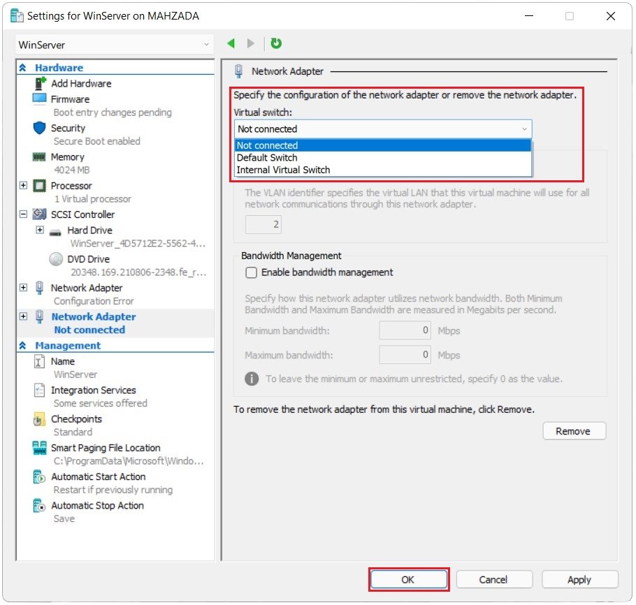 Select a Virtual Switch to connect the Virtual Machine