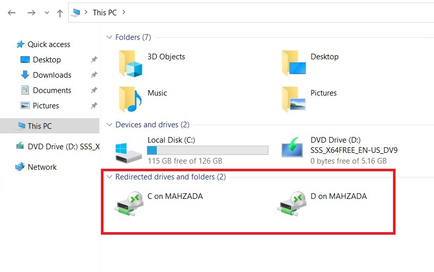 The drive C and USB flash drive is shared by Hyper-V host and appears in the virtual machine.