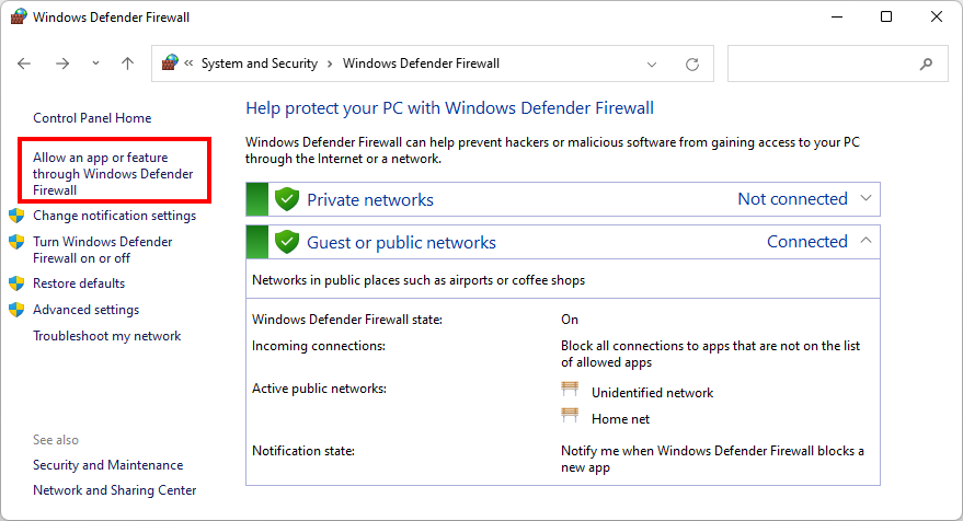 Allow an app or feature through windows defender firewall