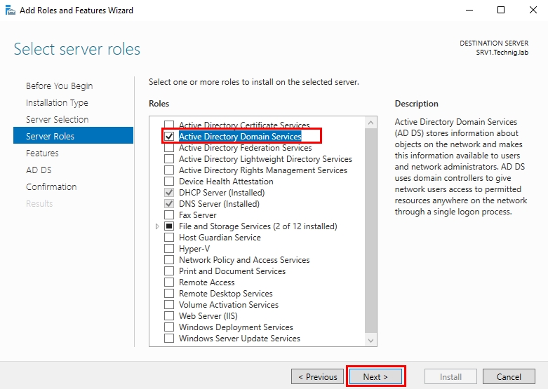 Selecting Active Directory Domain Services Role