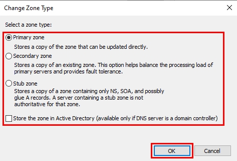 Change zone type screen to change the DNS Zone type