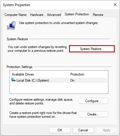 Settings for System Restore.