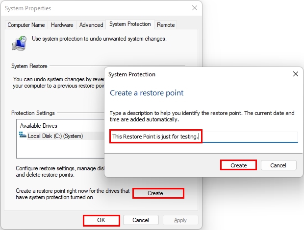 Create a Restore Point on Windows 11.